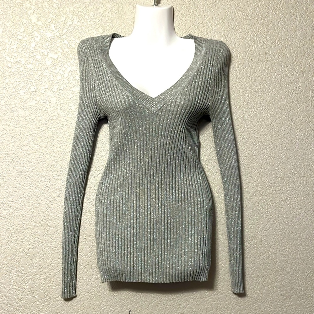 Express Women’s Long Sleeve Ribbed, Silver Sparkly Sweater.